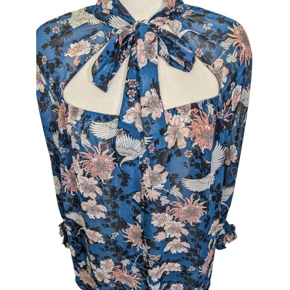 Michel Studio Womens Plus 3X Sheer Button Blouse Long Sleeve Shirt Crane Flowers - Picture 2 of 7